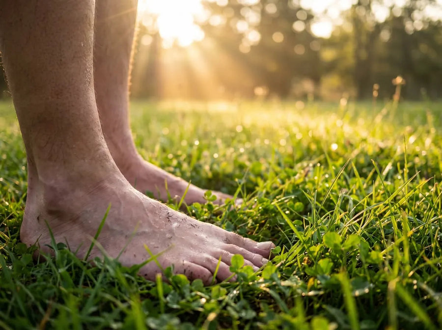 Bare feet on grass at sunrise