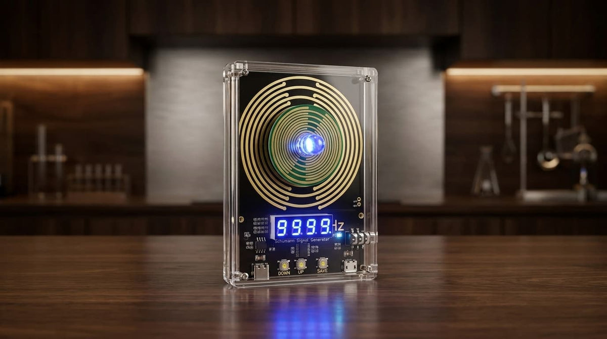Amatro TrueWave Spectrum with its ring geometry, on a dark wooden table