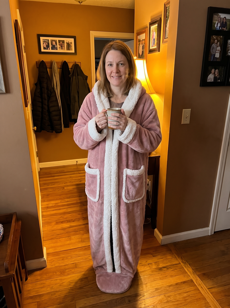 Wearing the heated blanket at home